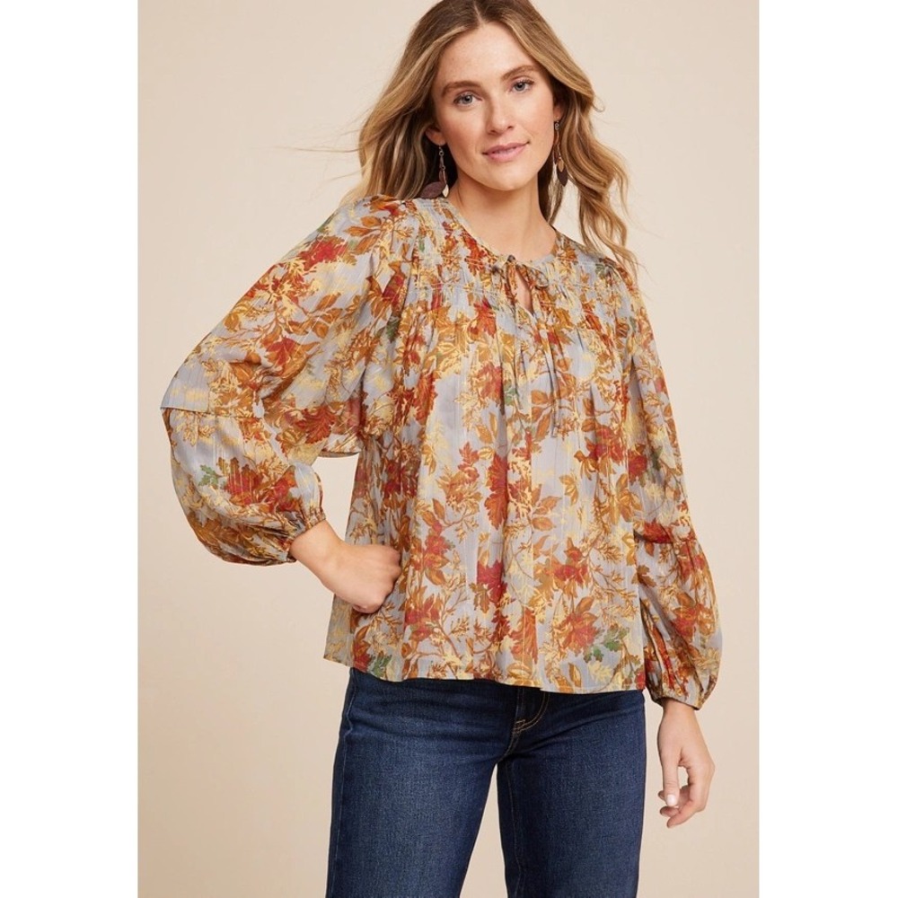 Maurices • Floral Metallic Blouson Peasant Blouse Top Orange Blue Small Boho - Picture 1 of 8